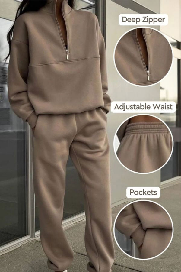 Elegantes Damen Jogger Set in modernem Design, bestehend aus Kapuzenpullover und lässiger Jogginghose.