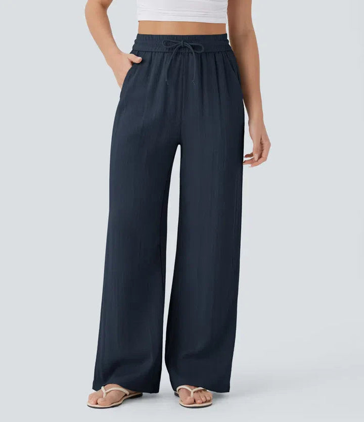 Komfortable Sommerhose, weites Bein, Marineblau. Vielseitige Damenhose für Frühling & Sommer.