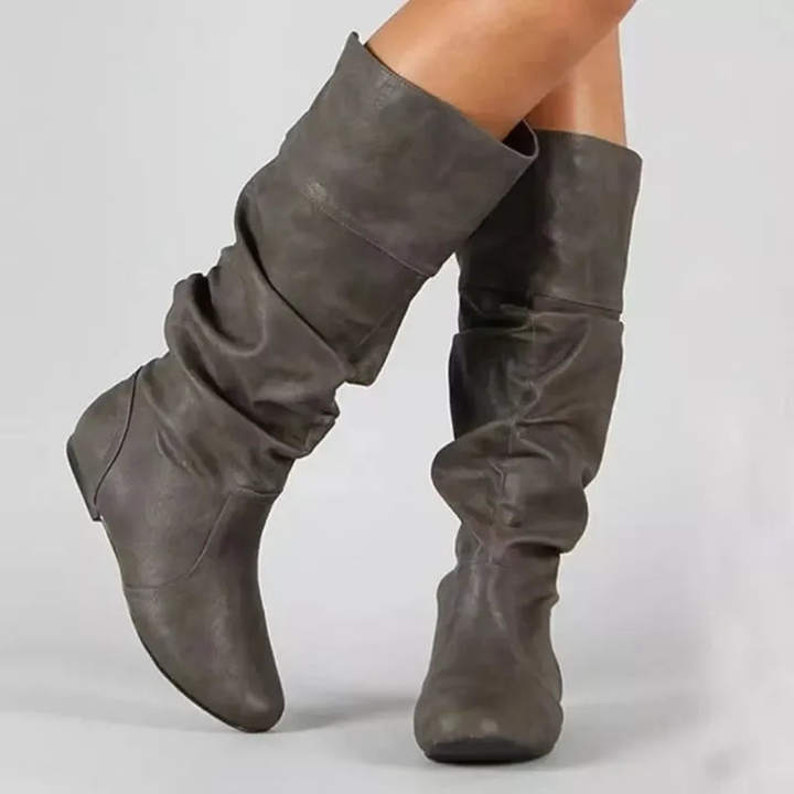 Khaki Damen-Westernstiefel, wadenhoch, mit robuster Sohle und typischem Cowboy-Stil für vielfältige Outfits.