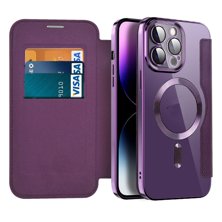Praktisches Leder Flip Case für iPhone 13 mit Ständerfunktion, RFID-Schutz und kabellosem Laden.