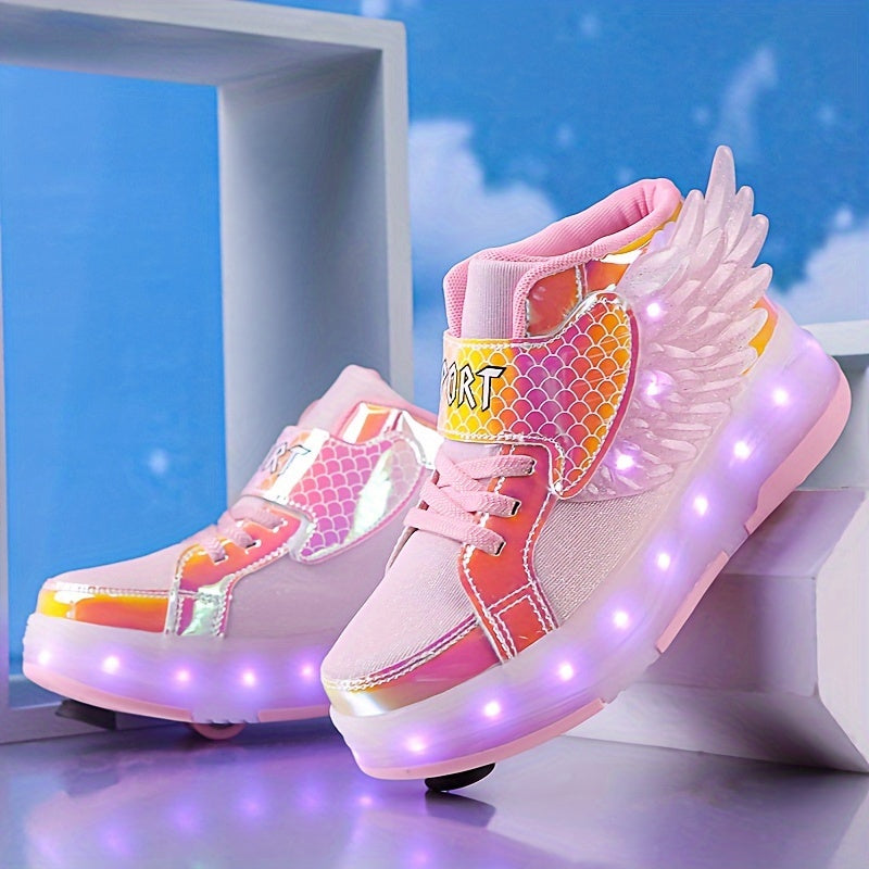 Stylische Flügeldetails auf weißen Kinder LED Rollschuh-Sneakern, verwandeln sich vom Schuh zum Rollschuh.