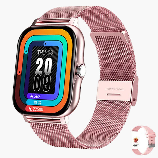 Moderne Damen Smartwatch mit hochauflösendem Touch Display, schlankem Design und rosa Armband.