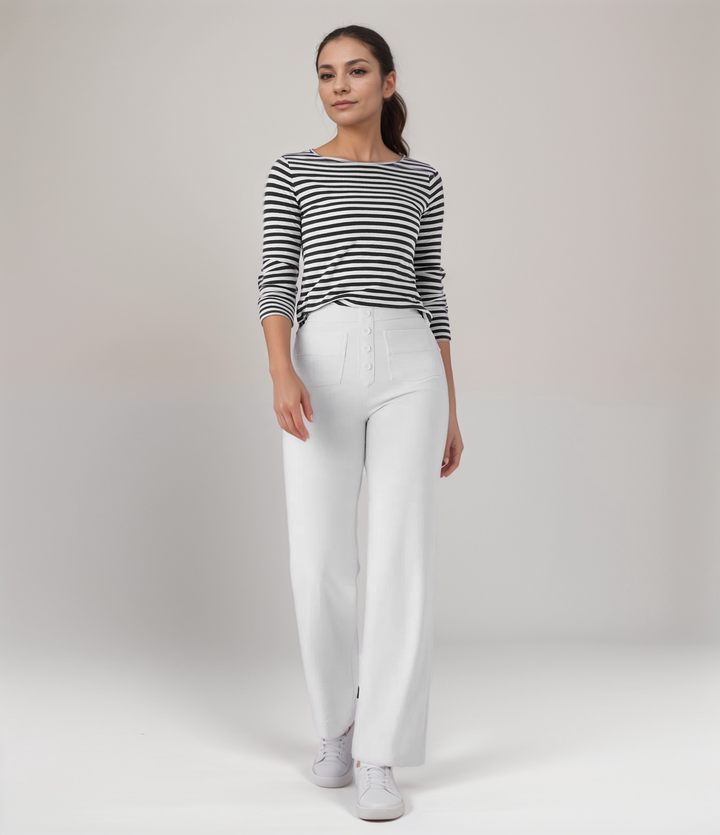 Elastische Damenhose, High Waist, weites Bein, formend, atmungsaktiv, für ganztägigen Komfort.