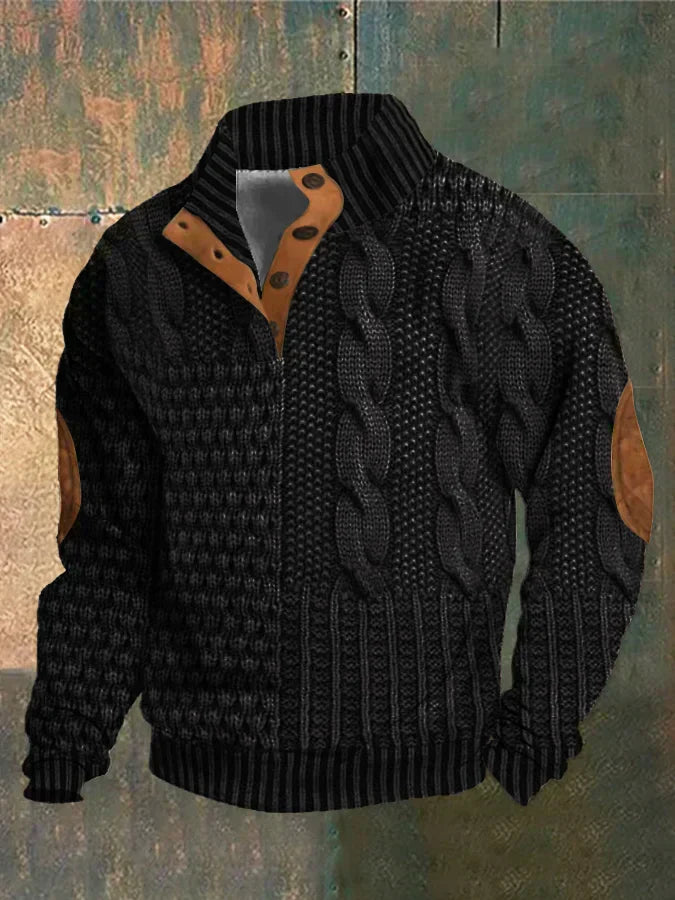 Warmer Herren Winterpullover mit Zopfmuster, Patchwork und Knopfkragen. Ein Must-have für die kalte Jahreszeit.
