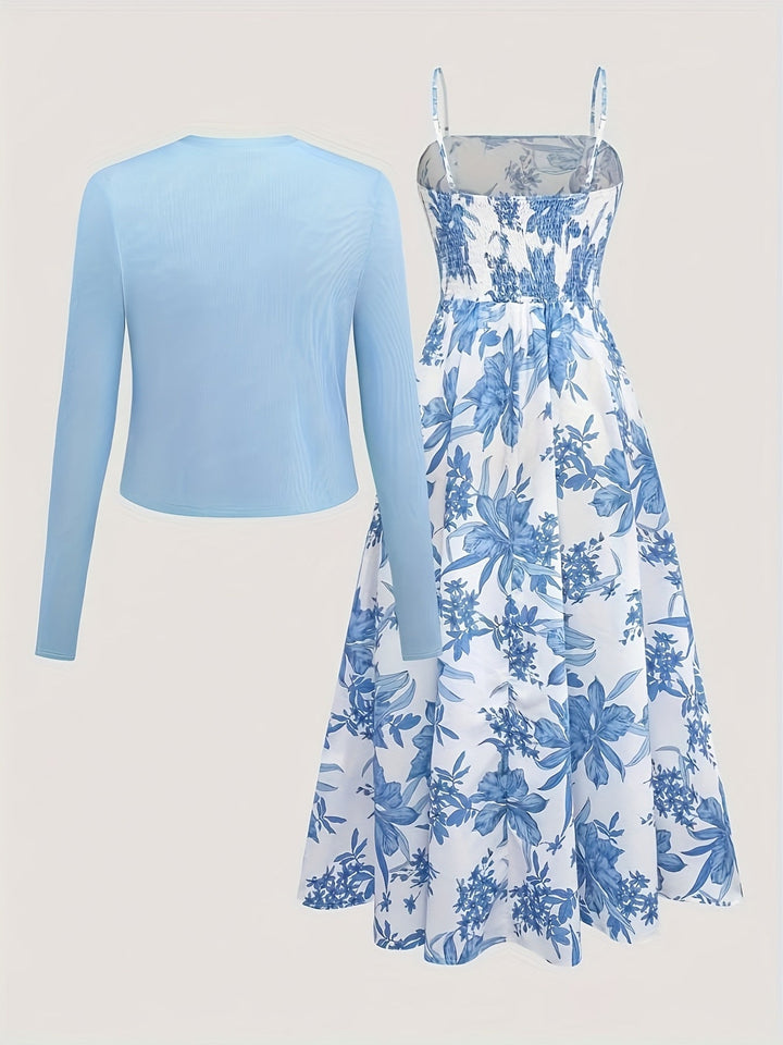 Komfortables Damen Midikleid Set, bestehend aus einem floralen Kleid & einem weichen Cardigan für Freizeit.