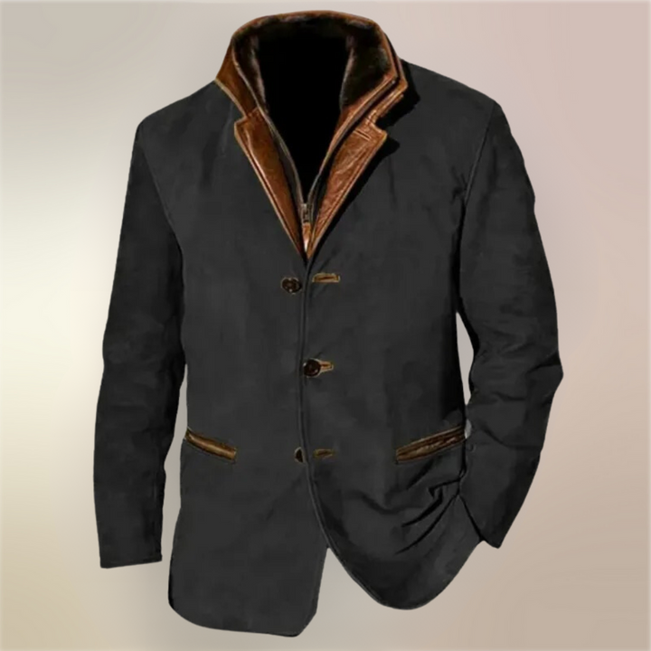 Detaillierte Ansicht der Retro-Herrenjacke, zeigt Kragen und Textur.