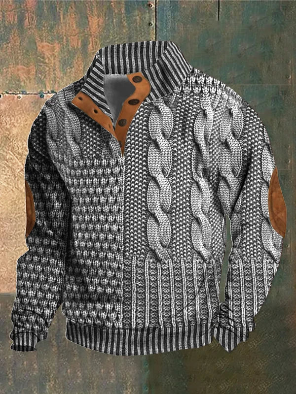 Detailreicher Herren Strickpullover: Zopfmuster, Patchwork und praktischer Knopfkragen. Für Herbst und Freizeit.