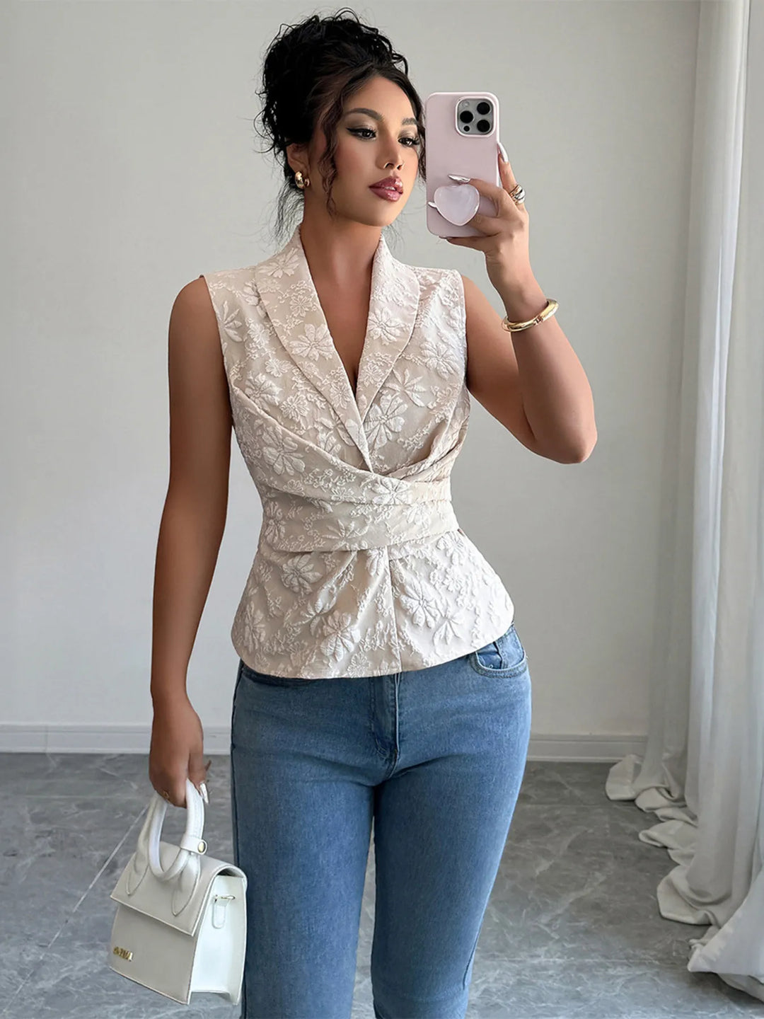 Leichtes & vielseitiges Damen Sommer Top, Aprikose mit Blumenmuster & Rüschen, komfortabel.