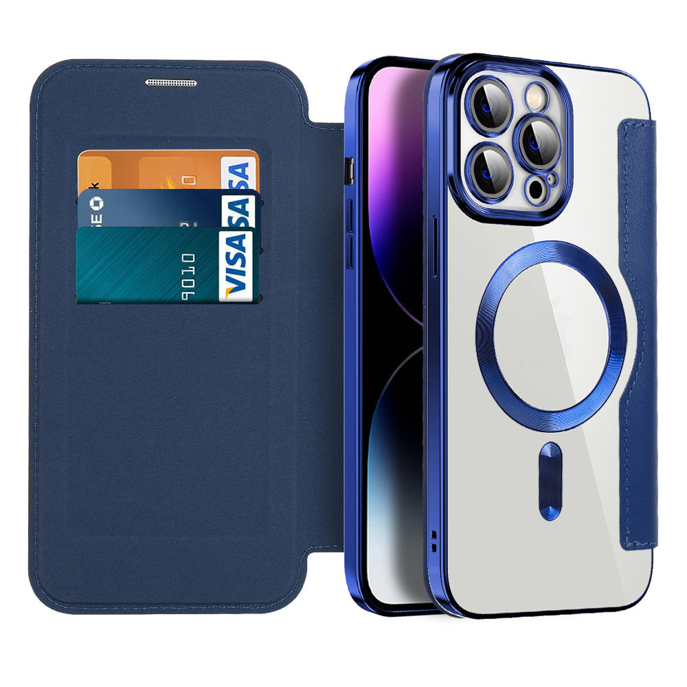 Echtleder Flip Case für iPhone 15 mit RFID-Schutz und Magnetverschluss, premium Handyschutz.
