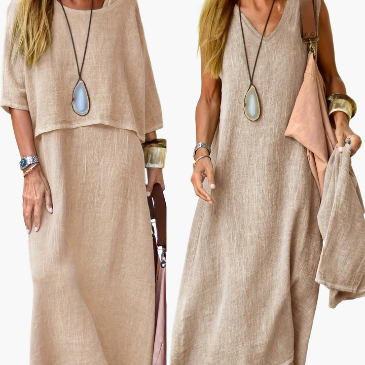 Damen Strandkleid Set, Boho-Stil, langes Sommerkleid mit Überwurf, für entspannte Tage.