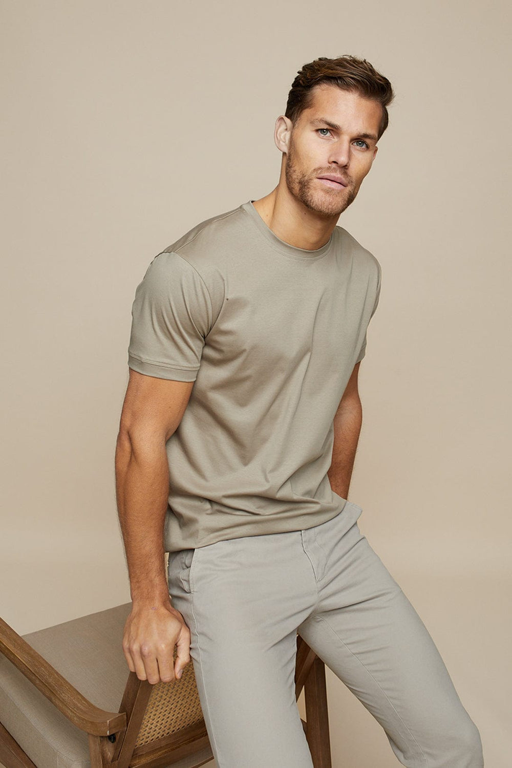 Elegantes Herren T-Shirt mit Rundhals aus weicher Baumwolle, kurzärmlig in Taupe für stilvolle Freizeit & Business.