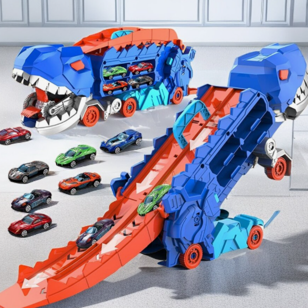 Robuster T-Rex Renntruck als Transportfahrzeug für Kinder-Spielzeugautos, perfekt für Outdoor-Spiel.