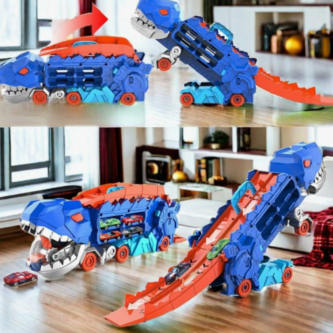 Kinder 3-in-1 T-Rex Transporter: Spielzeug-Renntruck, Dinosaurier-Rennstrecke & Auto-Transporter für Jungen & Mädchen.