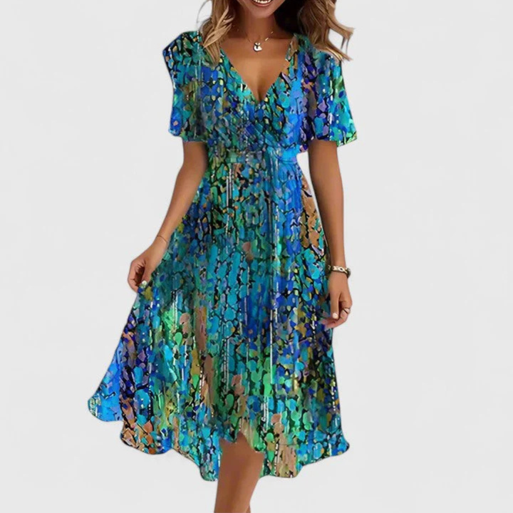 Locker geschnittenes Damen Midi-Kleid mit V-Ausschnitt und Blumenmuster, perfekt für den Sommer.