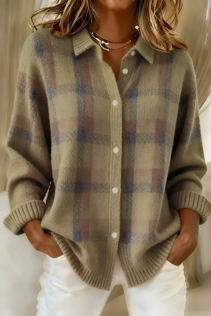 Modischer Damen Karomuster Strickcardigan, gemütlich und warm für entspannte Tage.