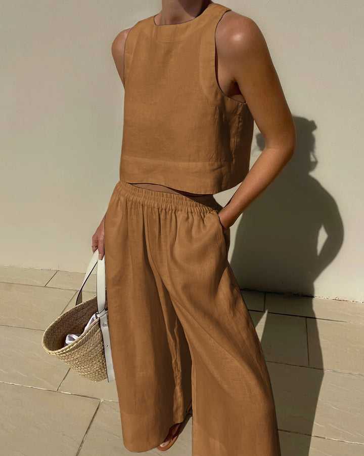 Vielseitiges Damen Leinen Zweiteiler Set, Top & Hose separat tragbar für individuelle Sommerlooks.