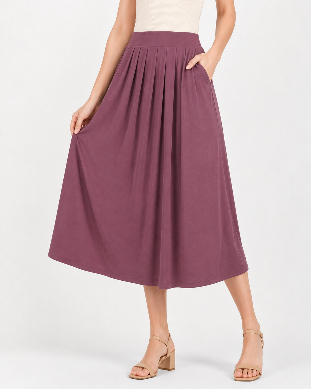 Bequemer Damen Midirock, elastisch & fließend, ideal als Sommerrock oder Frühlingsrock für elegante Looks.