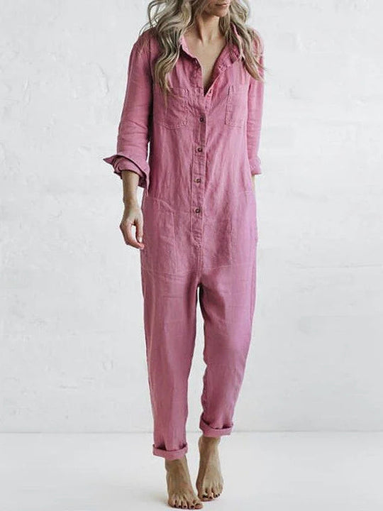 Rosa Damen Langarm Jumpsuit mit Knopfleiste & Taschen, locker sitzend für bequeme Herbstmode.
