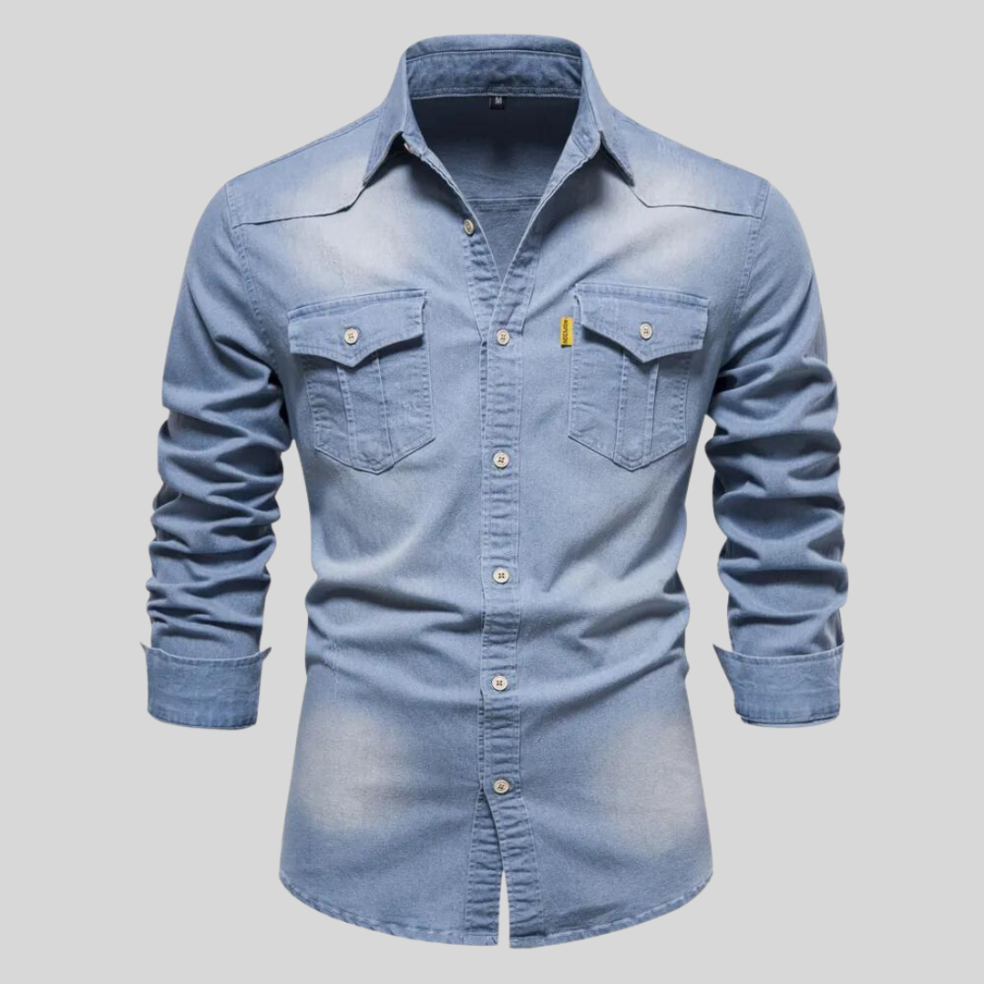 Trendiges Herren Langarmhemd aus Jeansstoff, Schwarz; bequemes Casual-Oberteil für moderne Freizeit-Outfits.