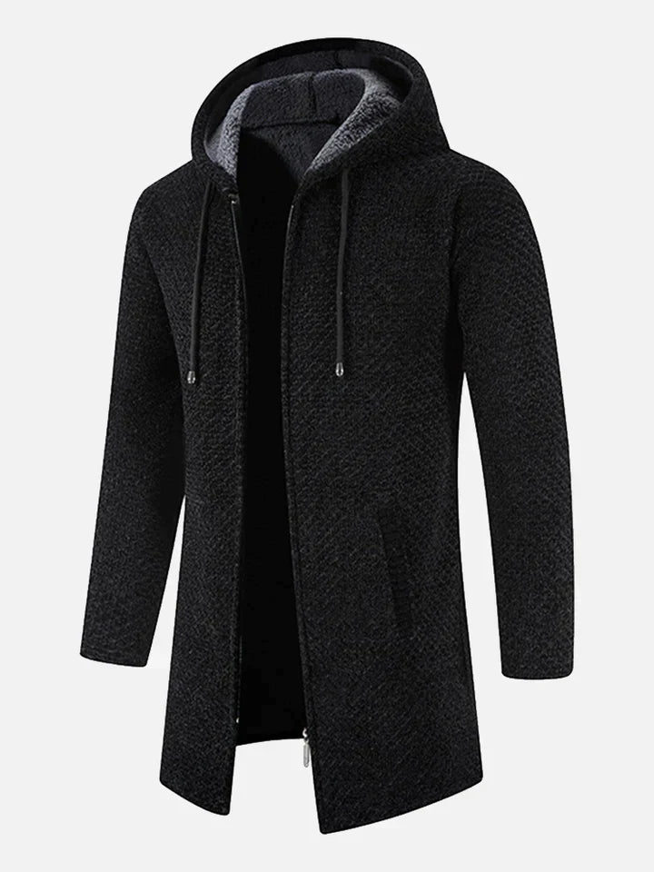 Praktische Unisex Kapuzen-Strickjacke für Herbst und Winter, mit Reißverschluss, ideal als modische Kälteschutz-Jacke.