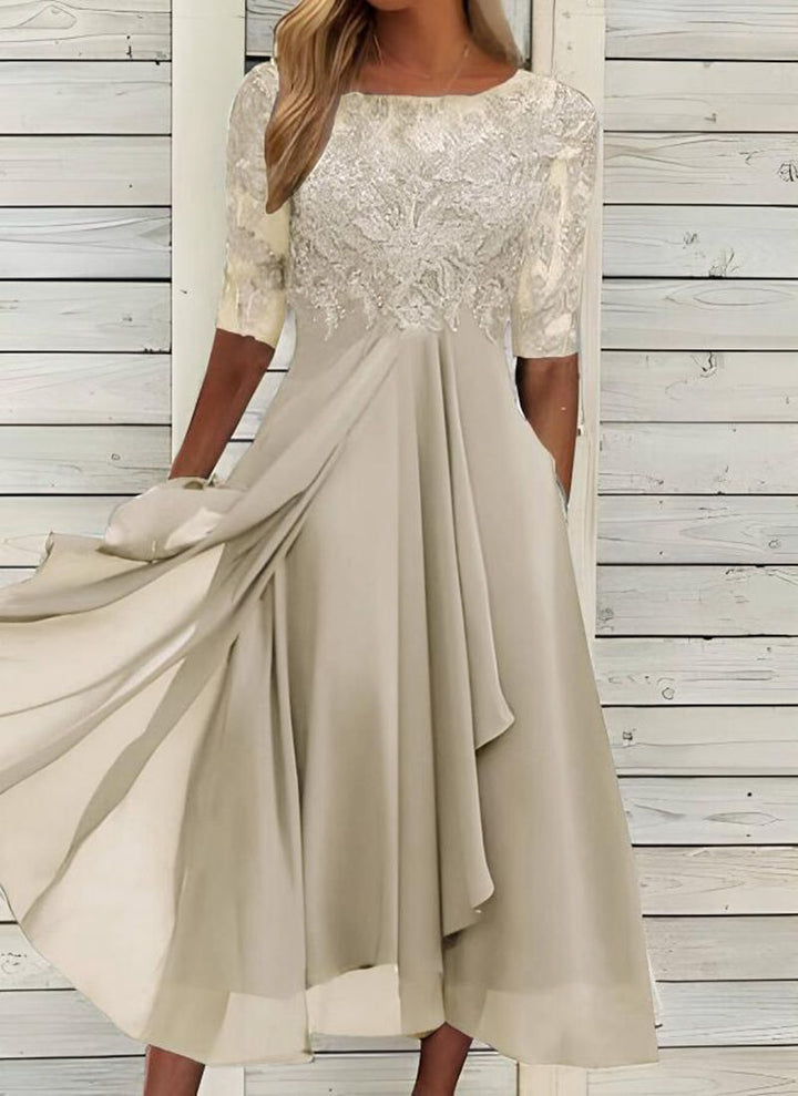Weißes Damen Spitzen Midikleid mit schmeichelhafter A-Linien-Silhouette, ideal für Hochzeiten & besondere Anlässe.