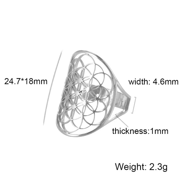 Hochwertiger ovaler Unisex Blume des Lebens Ring, verstellbar, mit esoterischem Harmonie-Symbol.