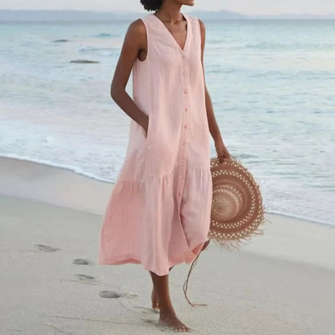 Vielseitiges Damen Sommerkleid Elara in Rosa, Leinen, V-Ausschnitt. Optimal als Freizeit- oder Festkleid.