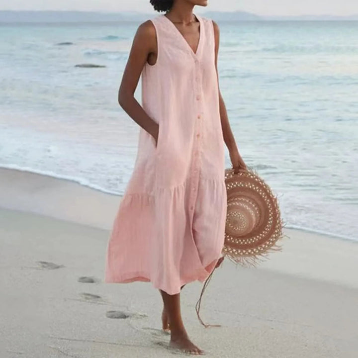 Vielseitiges Damen Sommerkleid Elara in Rosa, Leinen, V-Ausschnitt. Optimal als Freizeit- oder Festkleid.