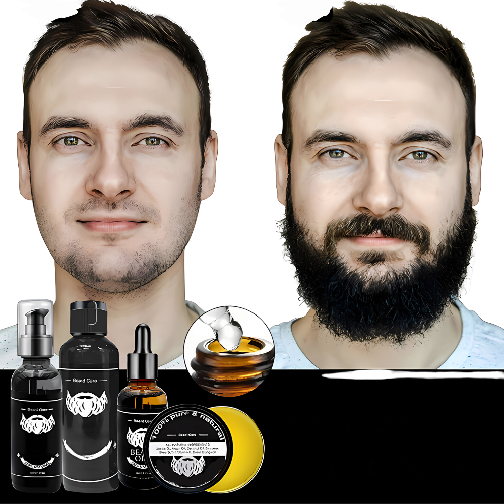 Premium Bartpflege Set für Herren. Enthält Bartöl, Bartglätter & Dermaroller für gesunden Bart & perfektes Styling.