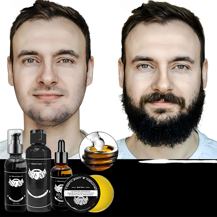 Premium Bartpflege Set für Herren. Enthält Bartöl, Bartglätter & Dermaroller für gesunden Bart & perfektes Styling.