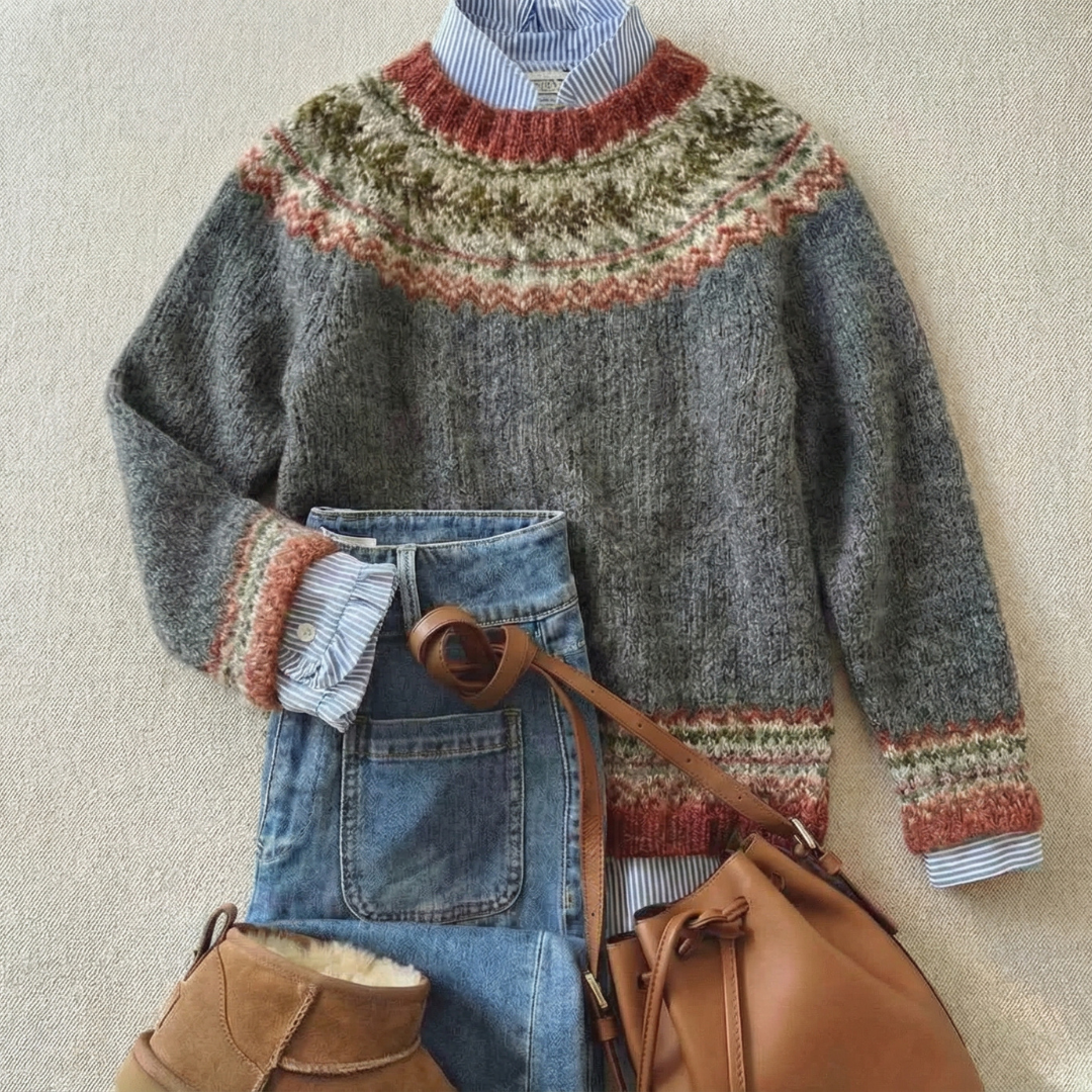 Damen Strickpullover mit authentischem Nordischem Muster, warm und kuschelig für den Winter.