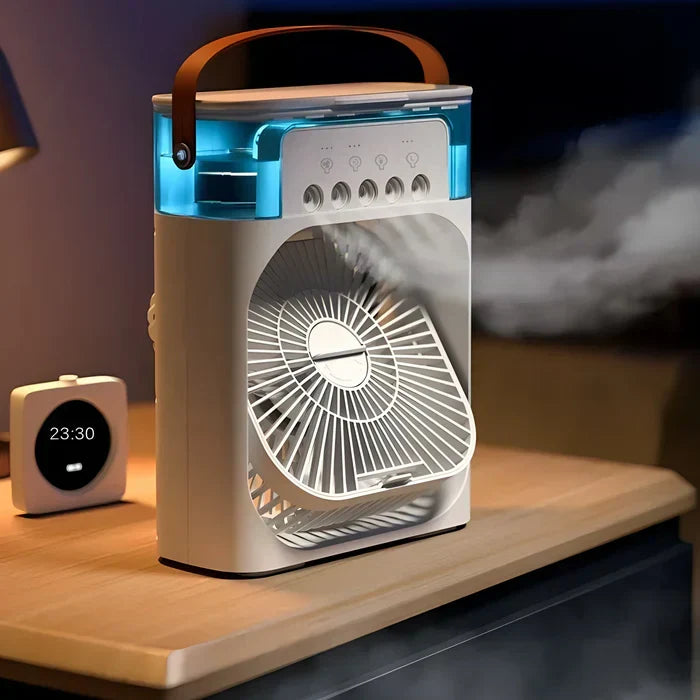 Tragbarer 3-in-1 Ventilator für sofortige Kühlung. Mit Luftbefeuchter und LED Licht, ideal für Büro & Zuhause.