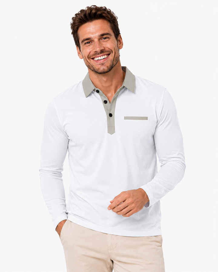 Herren Langarm-Pullover in lose-fit mit markantem Kontrastkragen. Lässiger Sweater für Frühling & Freizeit.