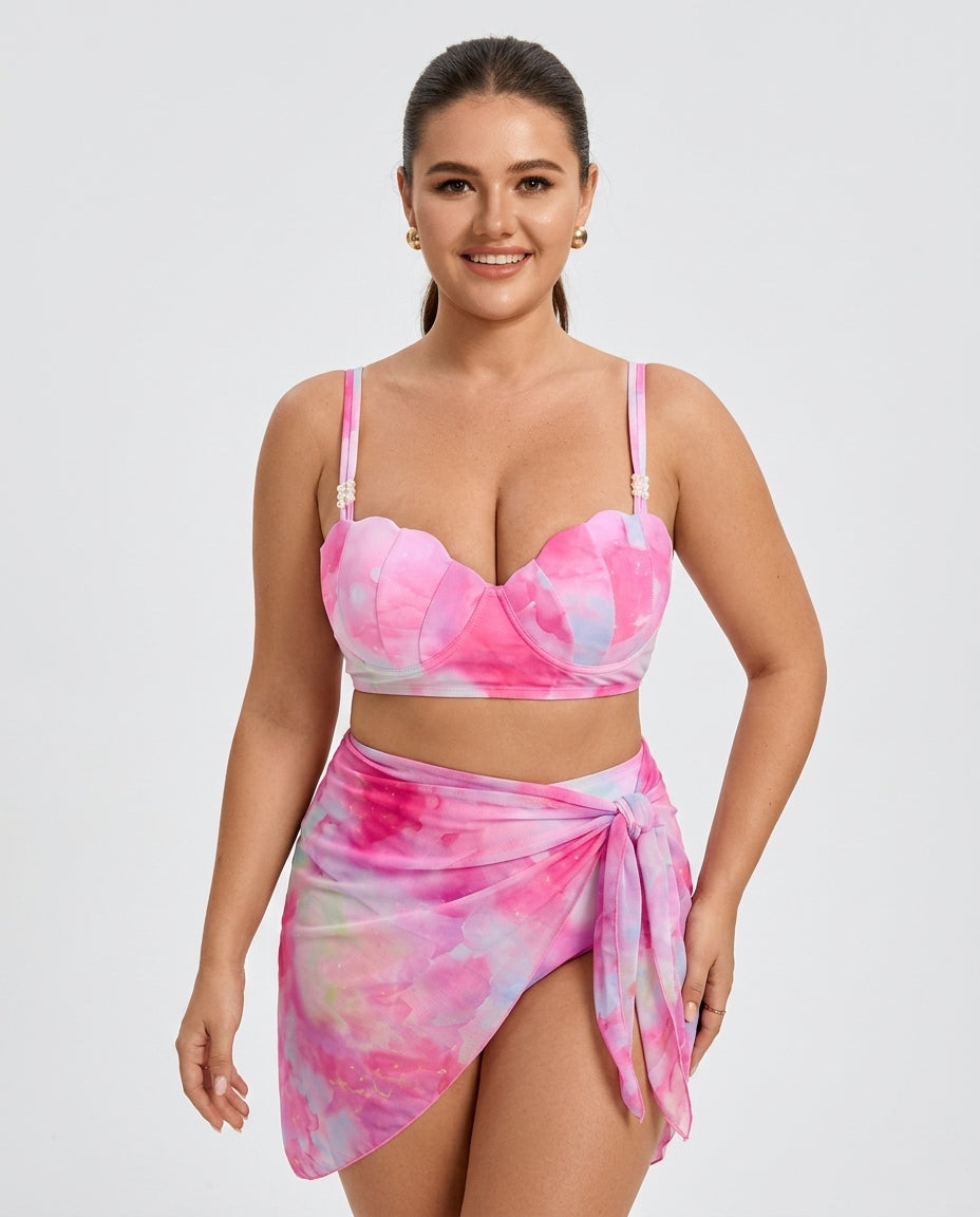 Damen Tie-Dye 3-Teiler Bikini-Set, figurformend & trendy für Sommer, Strand & Urlaub.