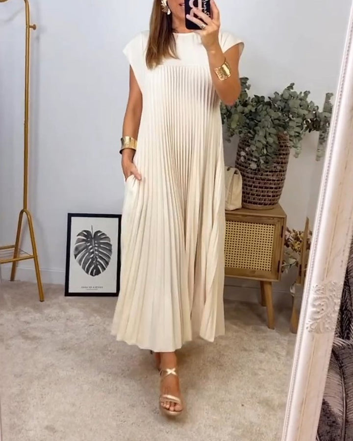 Gelbes plissiertes Damen Maxikleid, bequemes Sommerkleid, lang, Rundhals, Capsleeves.