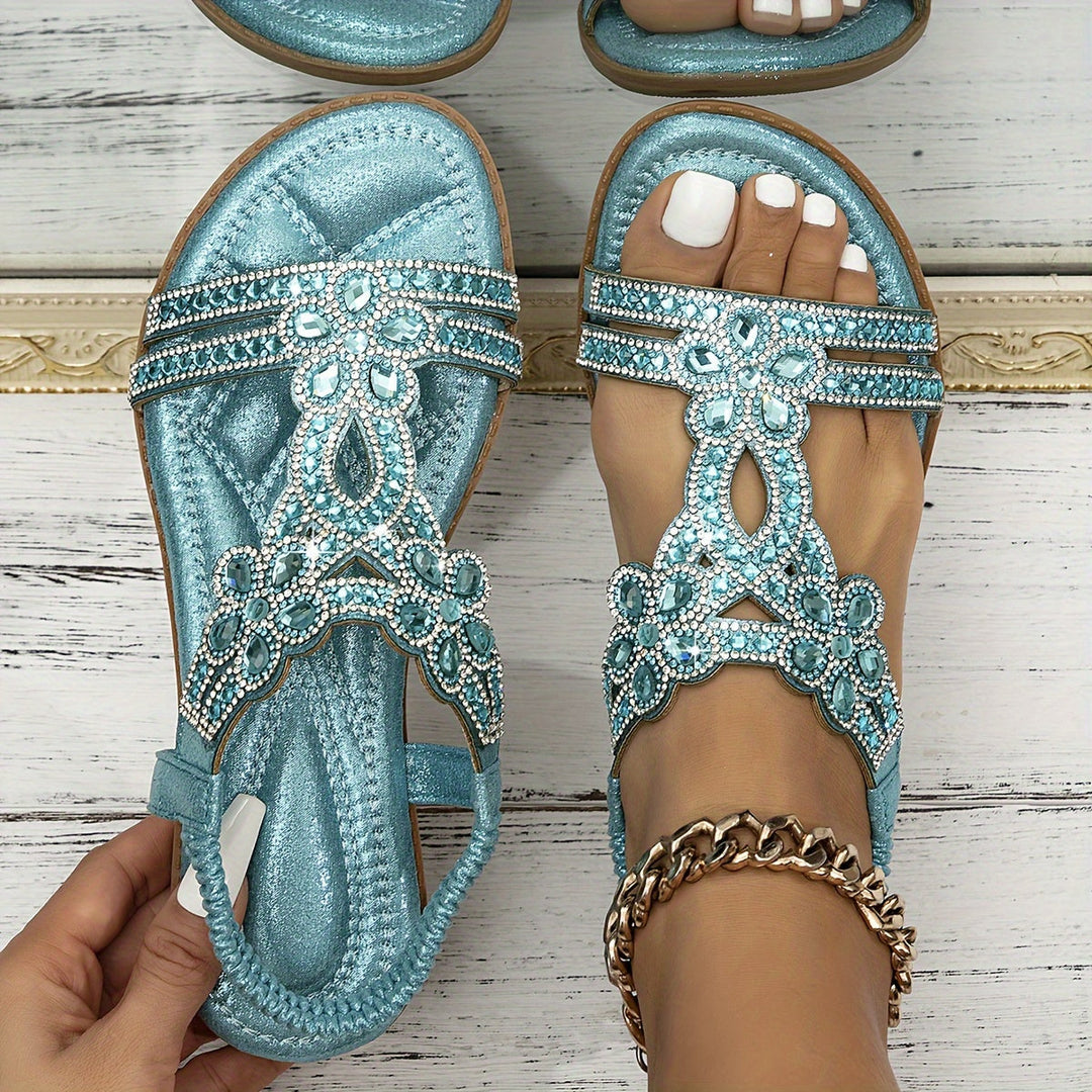 Stylische Damen Sandalen in Himmelblau mit glitzernden Verzierungen