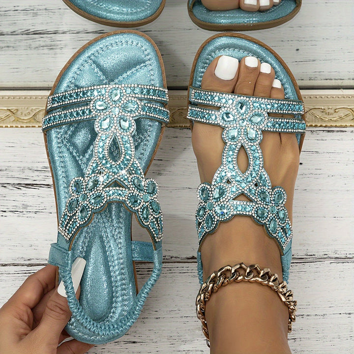 Stylische Damen Sandalen in Himmelblau mit glitzernden Verzierungen