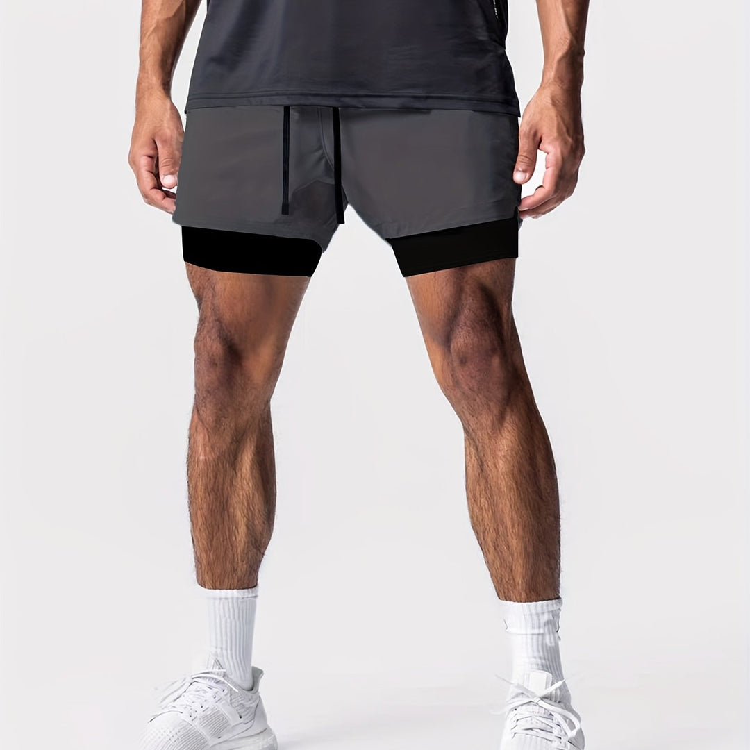 Graue Herren 2-in-1 Performance Shorts, ideal für Laufen, Fitness & Workout. Atmungsaktiv & leicht.