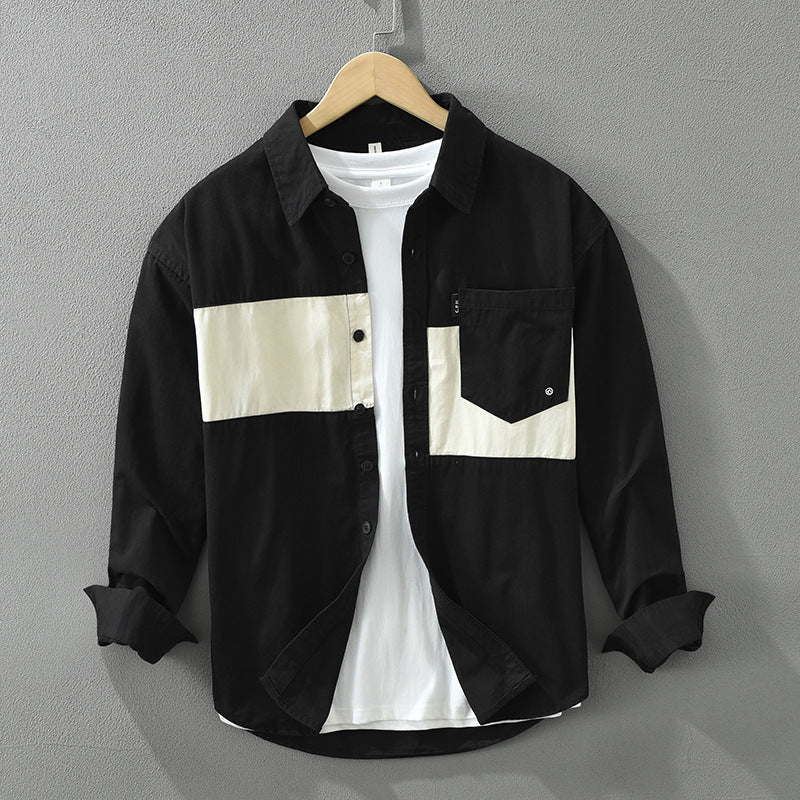 Lässiges Herren Cargo-Langarmhemd mit stilvollem Patchwork-Design. Ideal für Freizeit und modische Herrenmode.