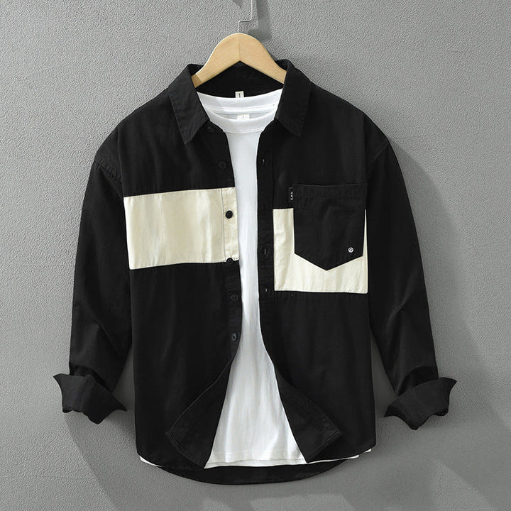 Lässiges Herren Cargo-Langarmhemd mit stilvollem Patchwork-Design. Ideal für Freizeit und modische Herrenmode.