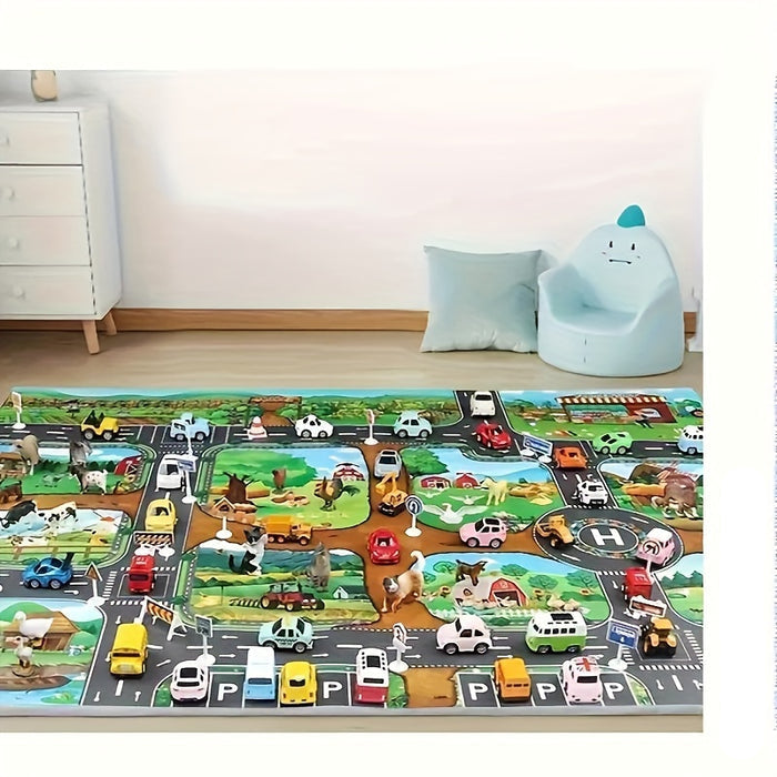Weicher, waschbarer Spielteppich für Kinder mit Bauernhof-Motiven, Tieren und grünen Feldern.