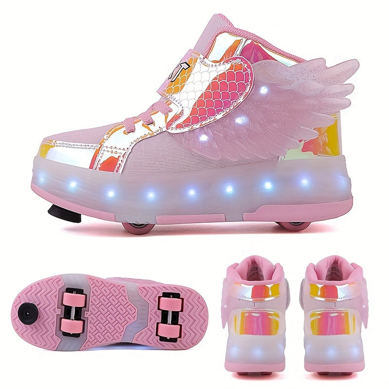 Trendige Outdoor Kinder LED Rollschuh-Sneaker mit Flügeln und Leuchtsohlen, perfekt für aktive Freizeit.