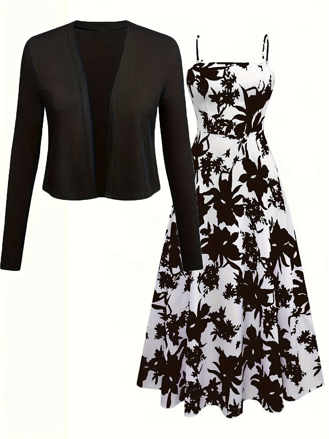 Nahaufnahme des floralen Blumenmusters auf dem Damen Midikleid & Cardigan Set, perfekt für Frühling/Sommer.
