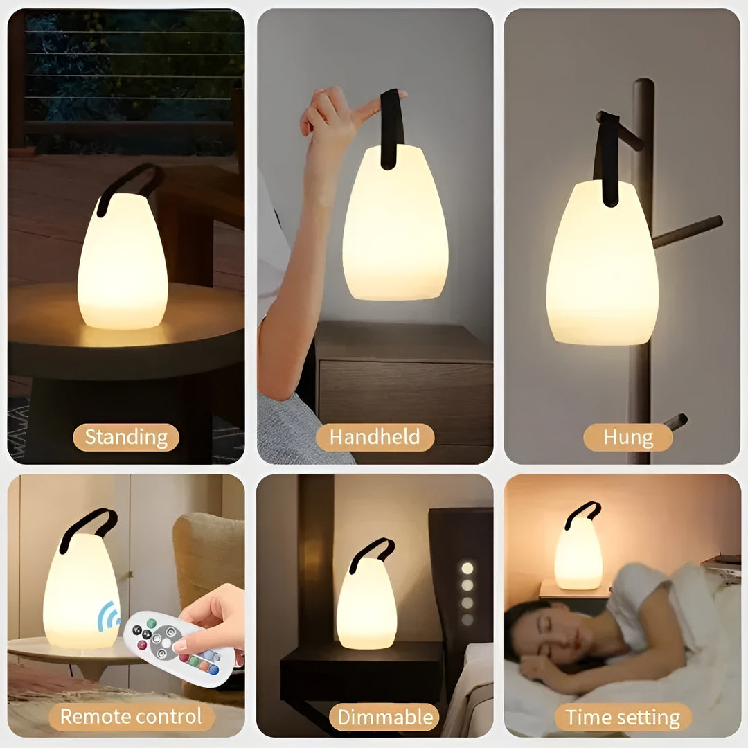Kabellose LED Tischlampe mit Farbwechsel & Fernbedienung, ideal für drinnen & draußen.
