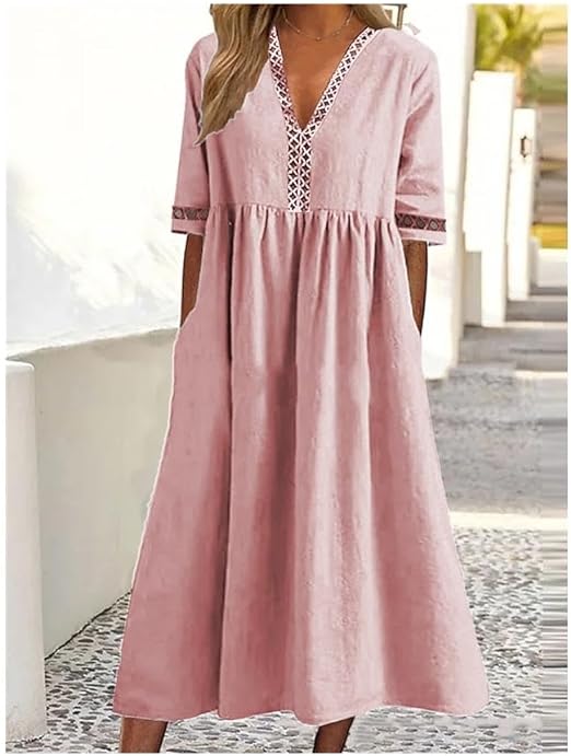 Schickes Damen Sommer Maxikleid mit V-Ausschnitt und fliessender A-Linie. Ideal als elegantes, luftiges Urlaubs- und Freizeitkleid.