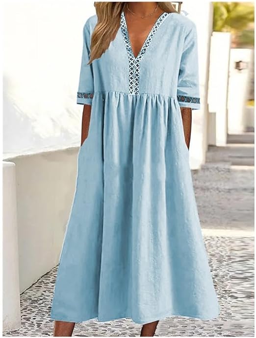 Elegantes, fliessendes Damen V-Ausschnitt Maxikleid in A-Linie, perfekt als luftiges Sommerkleid oder Urlaubskleid.