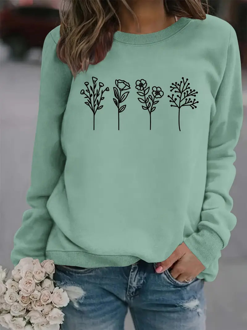 Damen Sweatshirt mit elegantem Floralprint, ideal für Herbst- & Wintermode. Bequemer Freizeitpullover, Langarm.