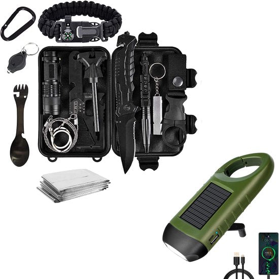 Umfassendes 15-in-1 Notfall-Überlebensset für Outdoor, Camping & Krisenvorsorge. Robuste Survival-Ausrüstung.