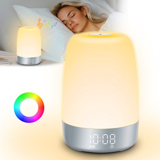 Wecklicht mit Sonnenaufgangssimulator und Naturklängen für sanftes Erwachen, fördert Entspannung und Wohlbefinden.