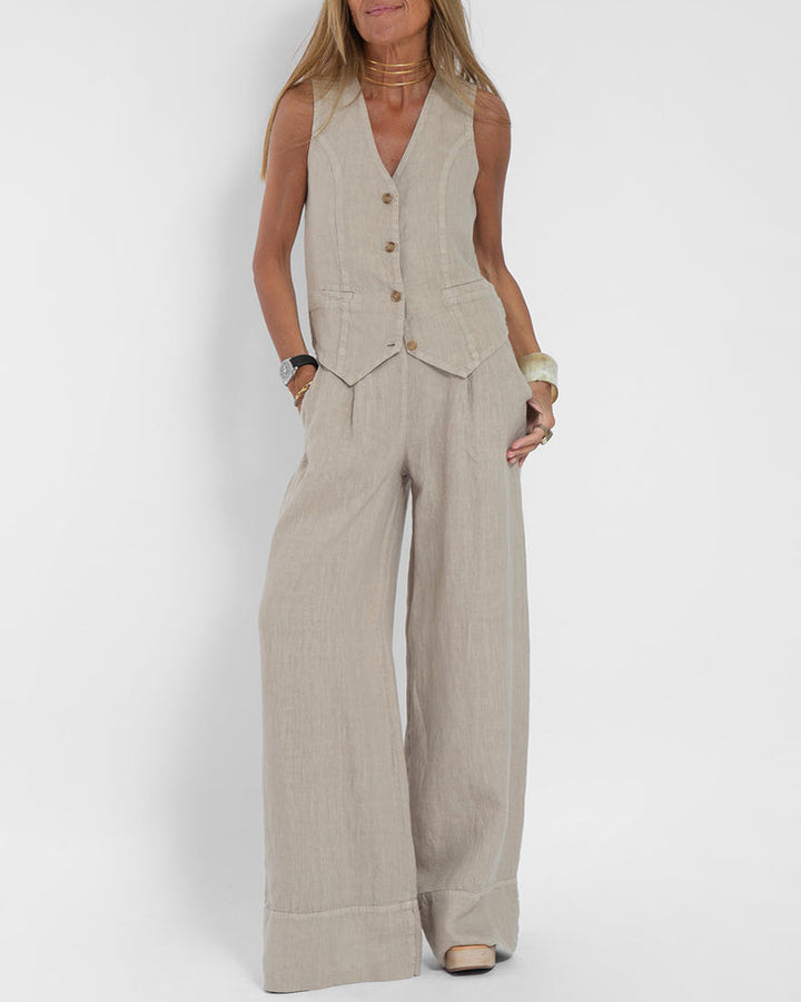 Vielseitiges Damen Herbst Set: ärmellose Weste & weite Hose, kombinierbar für jeden Anlass.